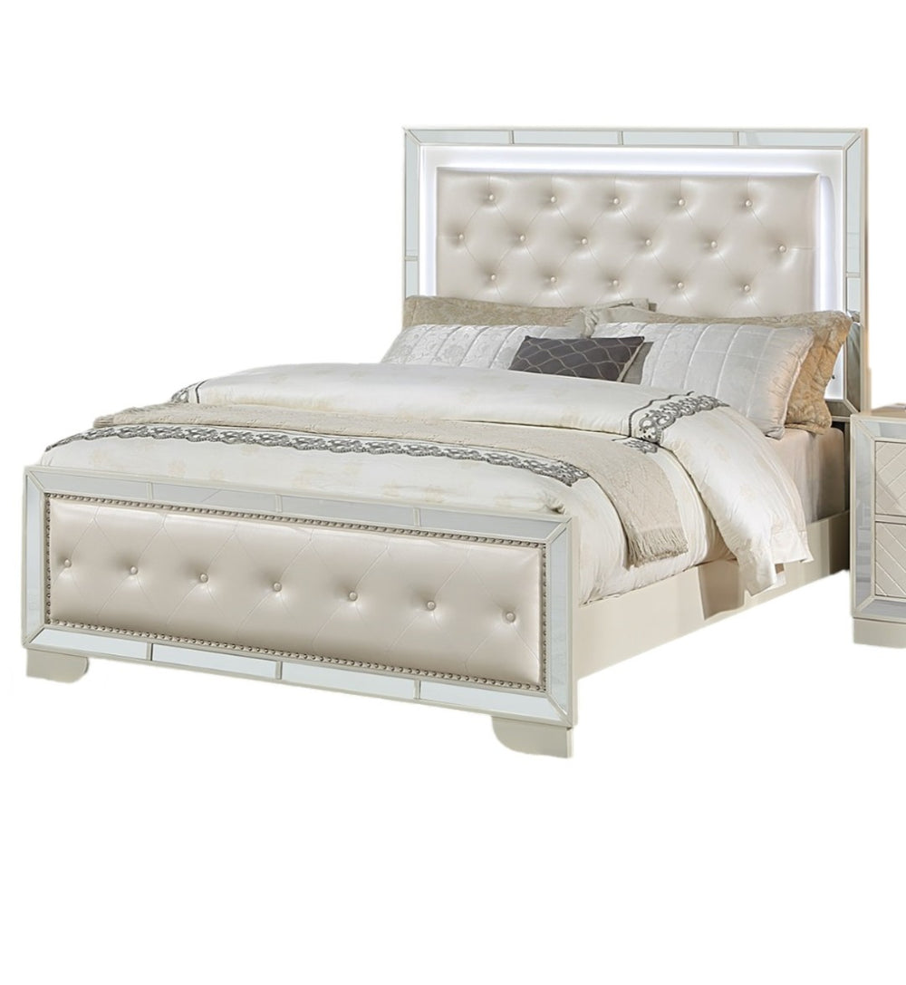 English Elm Cream Faux Leather Tufted Eastern King Bed with Led Headboard and Mirror Glam Trim B011S02084