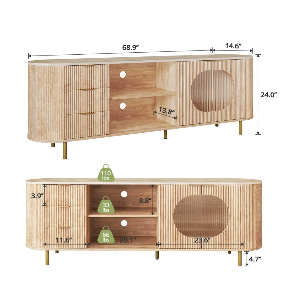 English Elm 65 Inch Fluted Media Console with Marble Look Top Gold Hardware Natural Finish Oak T5618P448226
