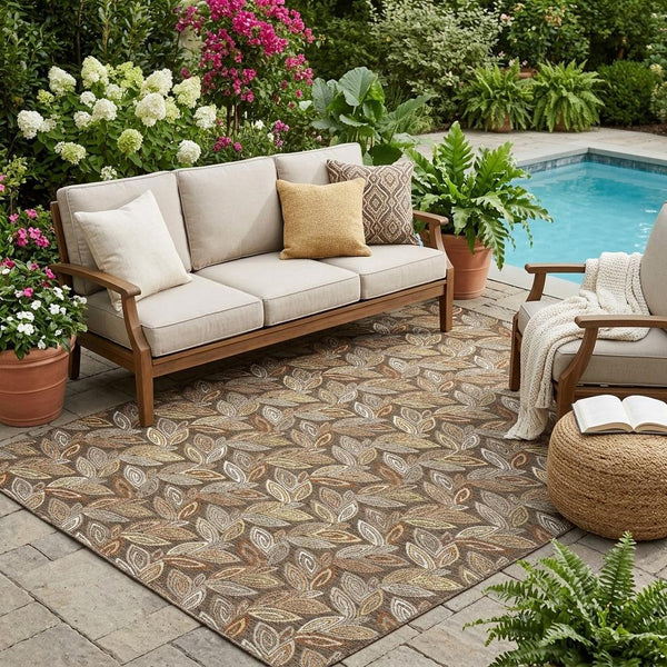 Washable Botanical Leaf Polyester Area Rug Uv Resistant for Indoor Outdoor Spaces