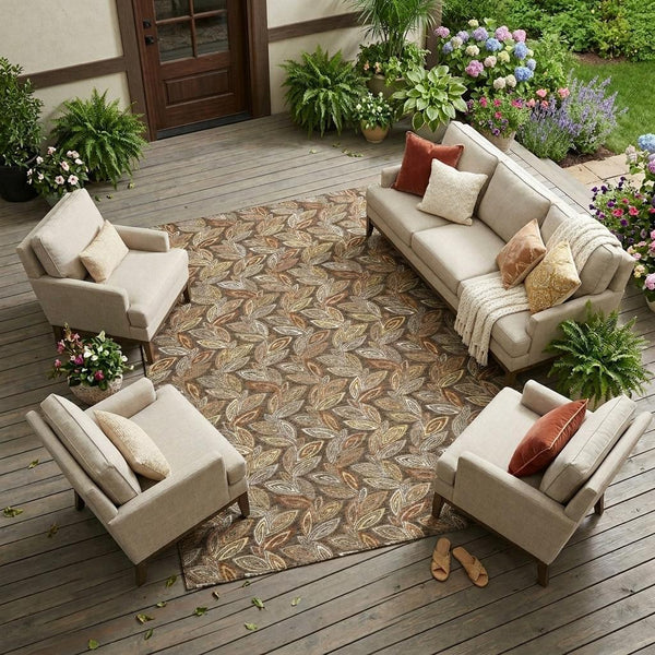 Washable Botanical Leaf Polyester Area Rug Uv Resistant for Indoor Outdoor Spaces