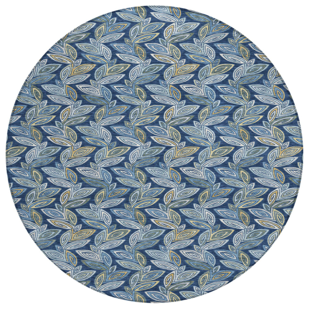 HomeRoots 8 Foot Round Botanical Leaf Polyester Indoor Outdoor Rug Machine Washable Navy 730602