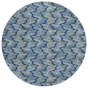 HomeRoots 8 Foot Round Botanical Leaf Polyester Indoor Outdoor Rug Machine Washable Navy 730602