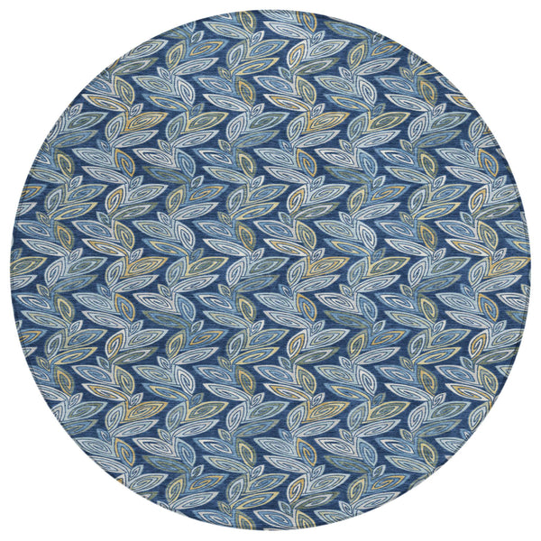 HomeRoots 8 Foot Round Botanical Leaf Polyester Indoor Outdoor Rug Machine Washable Navy 730602