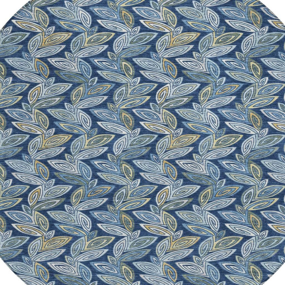 HomeRoots 8 Foot Round Botanical Leaf Polyester Indoor Outdoor Rug Machine Washable Navy 730602