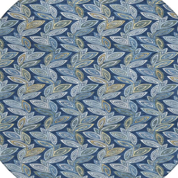 8 Foot Round Botanical Leaf Polyester Indoor Outdoor Rug Machine Washable Navy