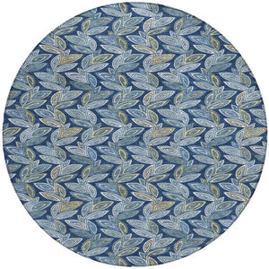 8 Foot Round Botanical Leaf Polyester Indoor Outdoor Rug Machine Washable Navy