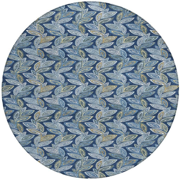 8 Foot Round Botanical Leaf Polyester Indoor Outdoor Rug Machine Washable Navy