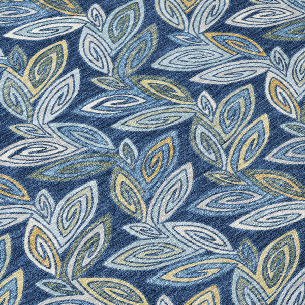 8 Foot Round Botanical Leaf Polyester Indoor Outdoor Rug Machine Washable Navy