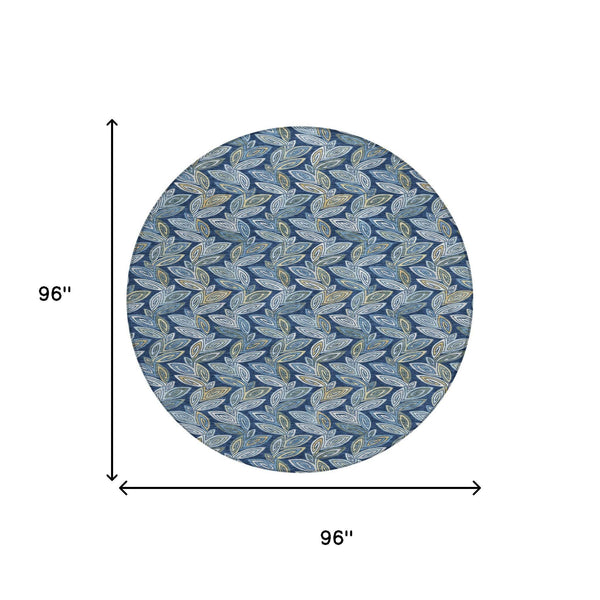 8 Foot Round Botanical Leaf Polyester Indoor Outdoor Rug Machine Washable Navy