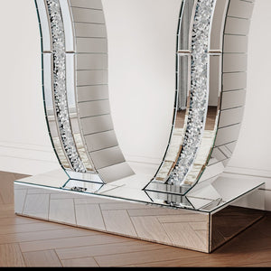 English Elm 43 Inch Mirrored Console Glam Sofa Table with Crystal Stone Inlaid Curved Legs W1445P370475
