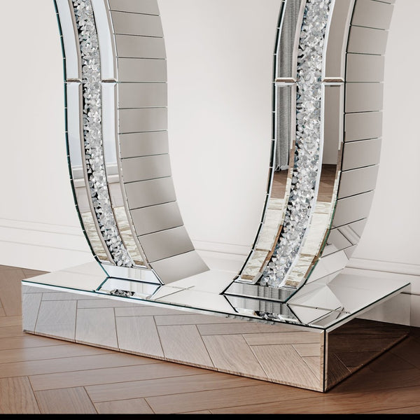 English Elm 43 Inch Mirrored Console Glam Sofa Table with Crystal Stone Inlaid Curved Legs W1445P370475