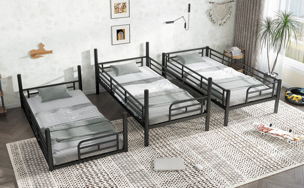 English Elm Twin Triple Metal Bunk Bed Matte Powder Coated Frame with Full Safety Guardrails Black W1580S00578