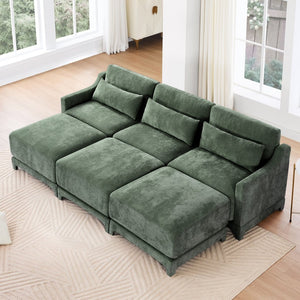 English Elm Three-Seater Sofa Set With 3 Movable Ottomans, Ergonomic Design, Chenille Fabric, Green Comfort W714S01219-GIGA