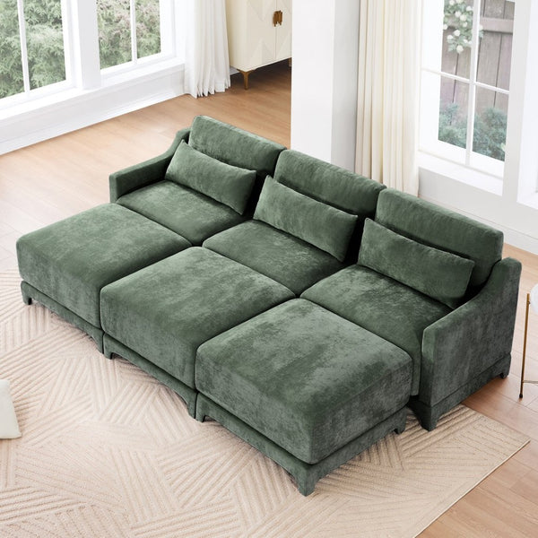 English Elm Three-Seater Sofa Set With 3 Movable Ottomans, Ergonomic Design, Chenille Fabric, Green Comfort W714S01219-GIGA