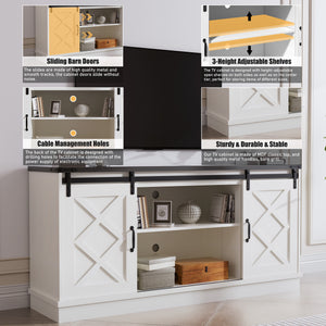 English Elm Farmhouse Rustic TV Stand with Barn Doors and Cable Management — Spacious Wooden Media Console White 63.58 L x 18.9 W x 6.77 H T3609P332398