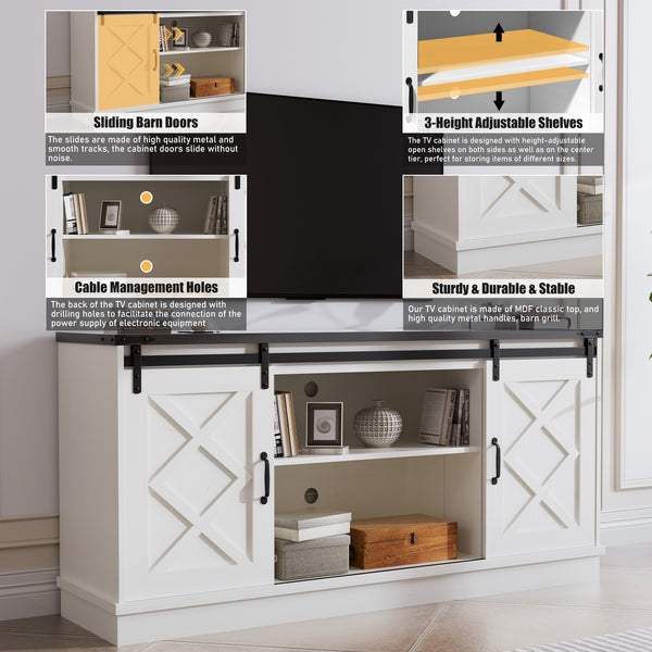 English Elm Farmhouse Rustic TV Stand with Barn Doors and Cable Management — Spacious Wooden Media Console White 63.58 L x 18.9 W x 6.77 H T3609P332398