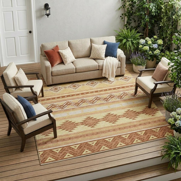 8x10 Southwestern Washable Polyester Area Rug with Earthy Tones for Patio or Living Room