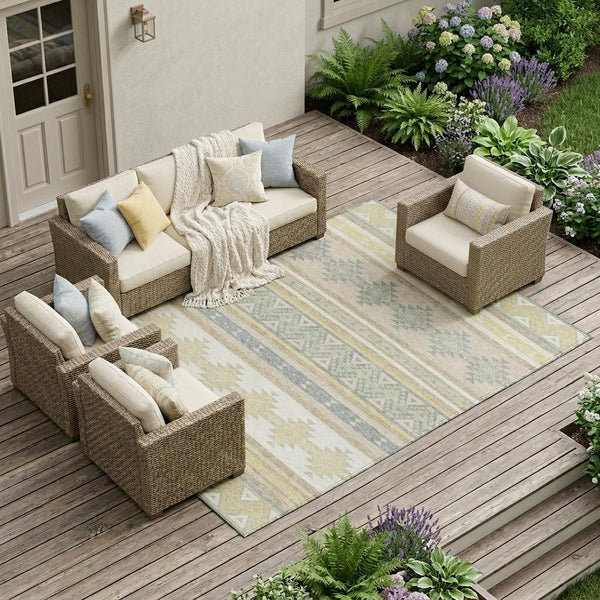 8 X 10 Ivory Beige Southwestern Geometric Washable Polyester Indoor Outdoor Rug