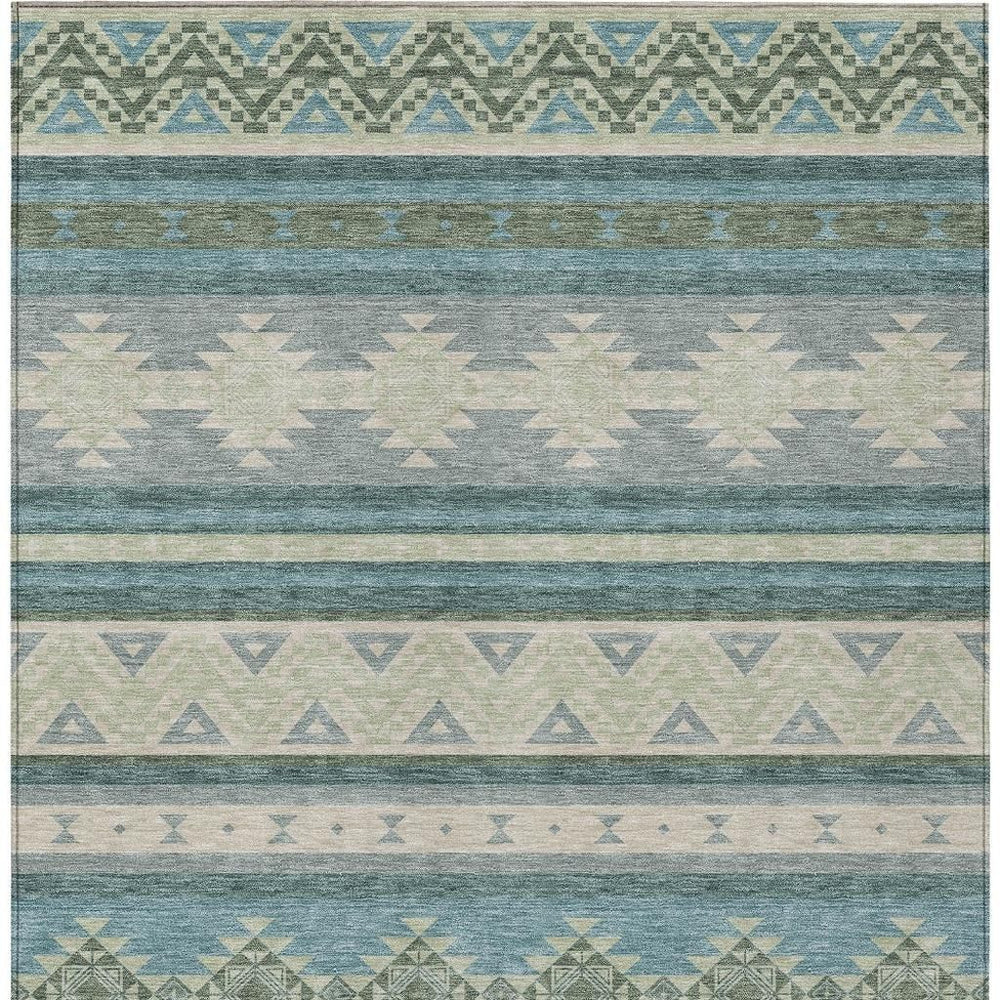 HomeRoots 5x8 Southwestern Polyester Area Rug Washable Teal Beige Indoor Outdoor Patio 730787