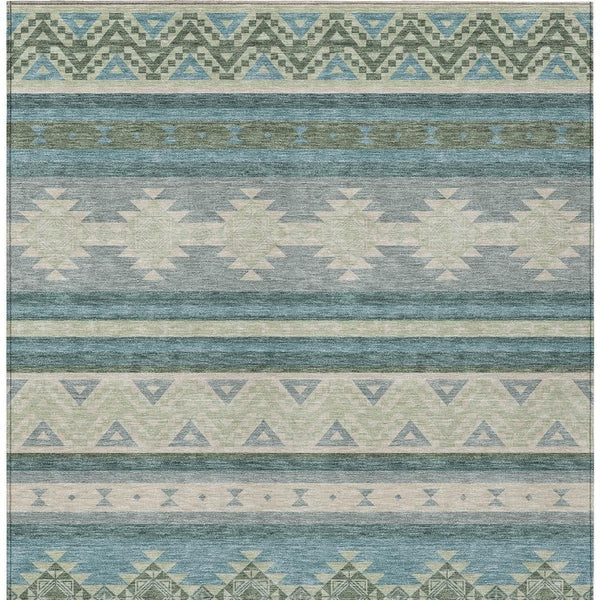 5x8 Southwestern Polyester Area Rug Washable Teal Beige Indoor Outdoor Patio
