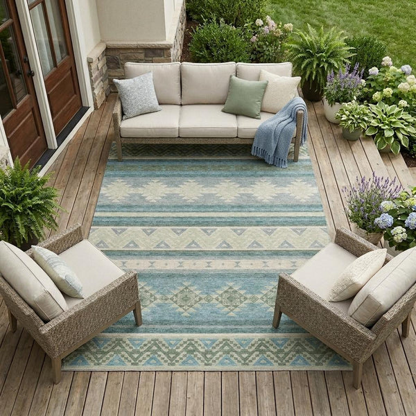 9 X 12 Southwestern Teal Beige Washable Polyester Indoor Outdoor Area Rug