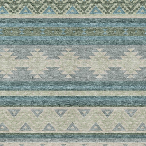 9 X 12 Southwestern Teal Beige Washable Polyester Indoor Outdoor Area Rug