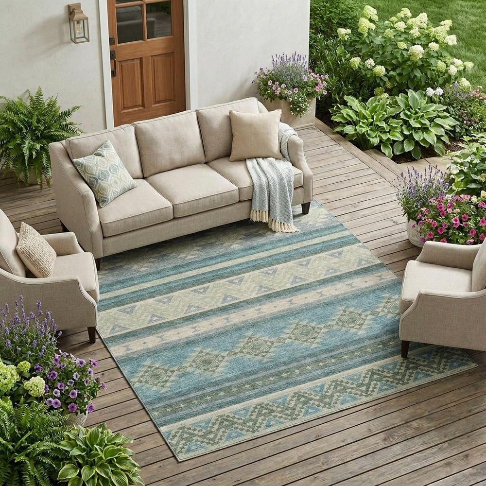 10 Ft Washable Polyester Area Rug Southwestern Geometric Teal Indoor Outdoor