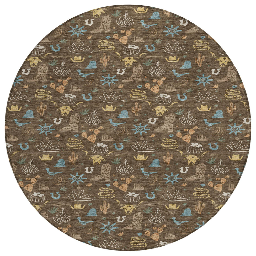 HomeRoots 8 Foot Round Cactus Geometric Polyester Area Rug Machine Washable Indoor Outdoor 730806