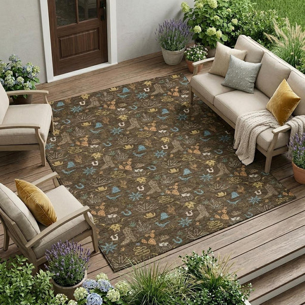 Washable Cactus Motif Polyester Area Rug with Non-slip Backing for Indoor Outdoor Spaces