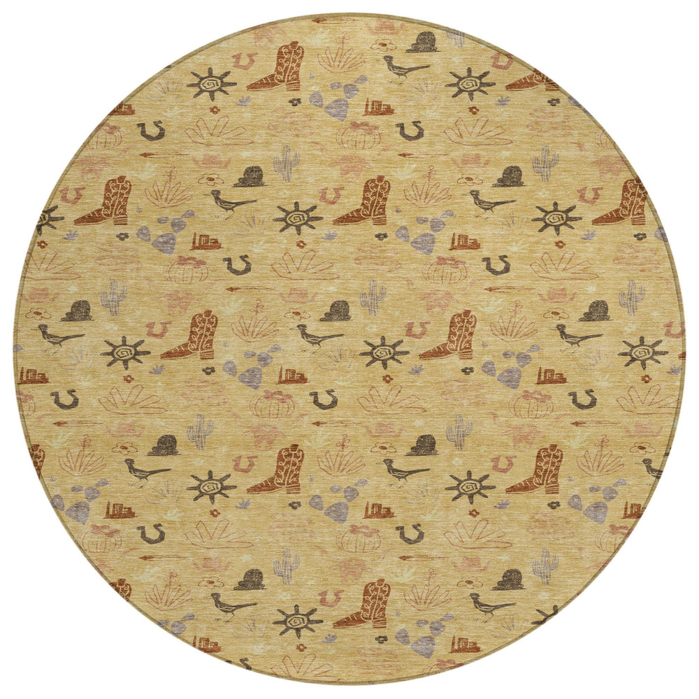 HomeRoots 8 Foot Round Washable Cactus Motif Polyester Rug for Patio or Indoor Spaces 730812