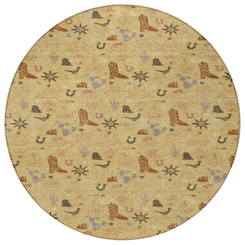 HomeRoots 8 Foot Round Washable Cactus Motif Polyester Rug for Patio or Indoor Spaces 730812