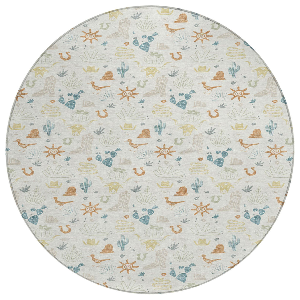 HomeRoots 8 Foot Round Cactus Pattern Washable Polyester Rug for Patio and Family Spaces 730818