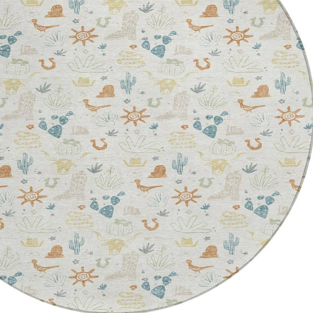 HomeRoots 8 Foot Round Cactus Pattern Washable Polyester Rug for Patio and Family Spaces 730818
