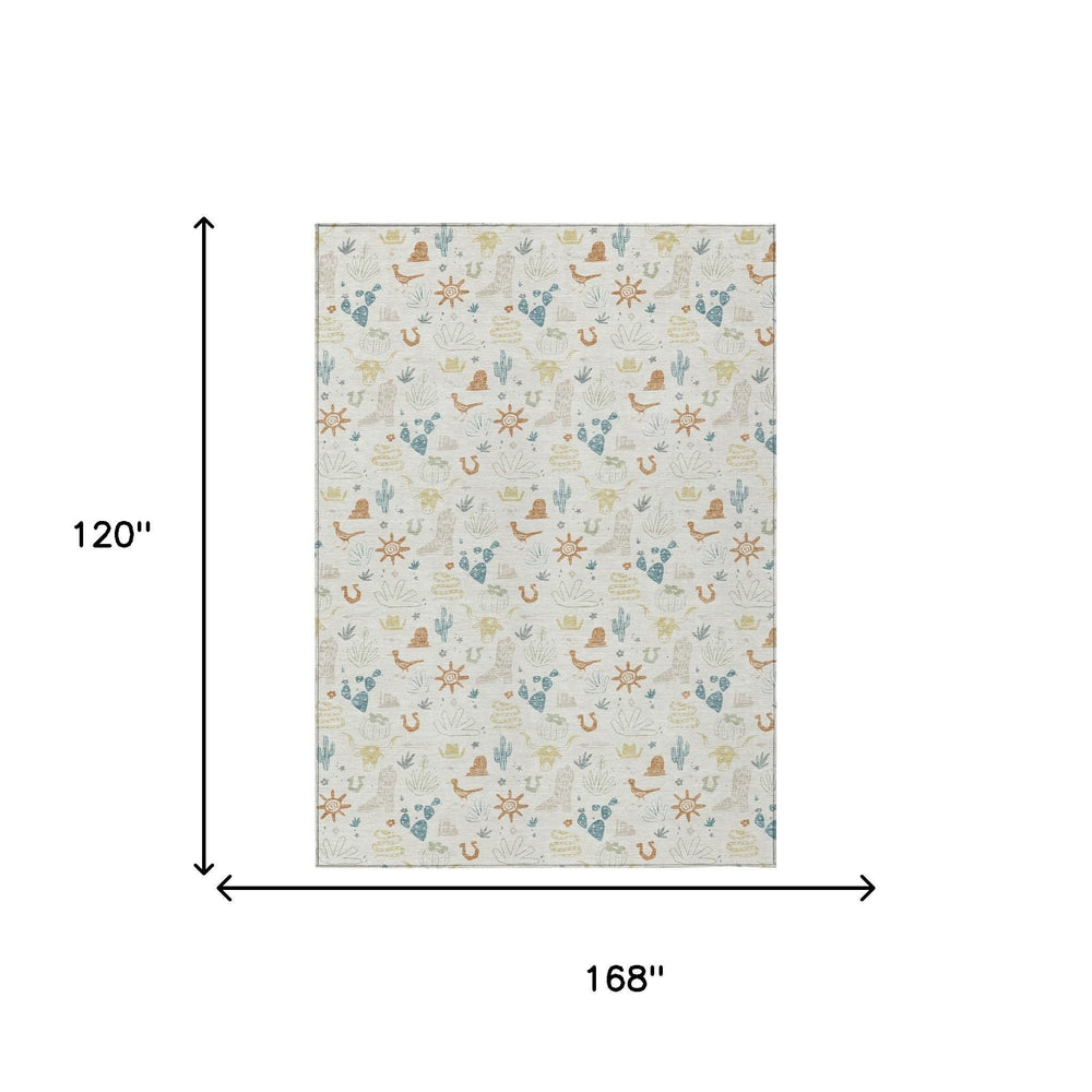 10 X 14 Cactus Pattern Washable Polyester Indoor Outdoor Rug with Neutral Ivory Tone