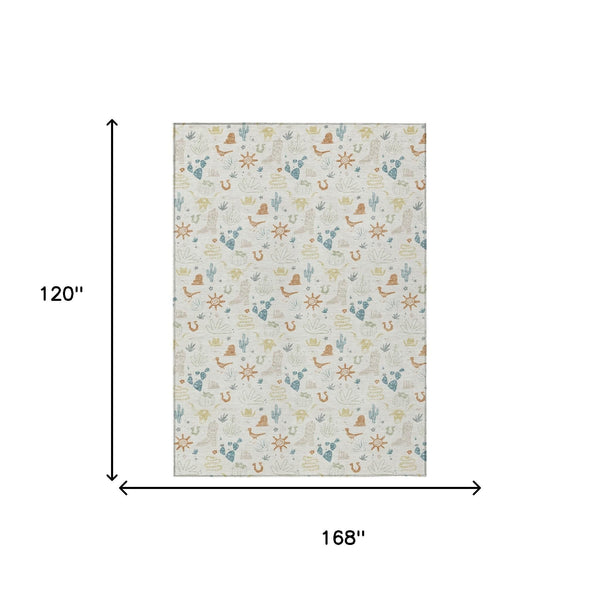 10 X 14 Cactus Pattern Washable Polyester Indoor Outdoor Rug with Neutral Ivory Tone