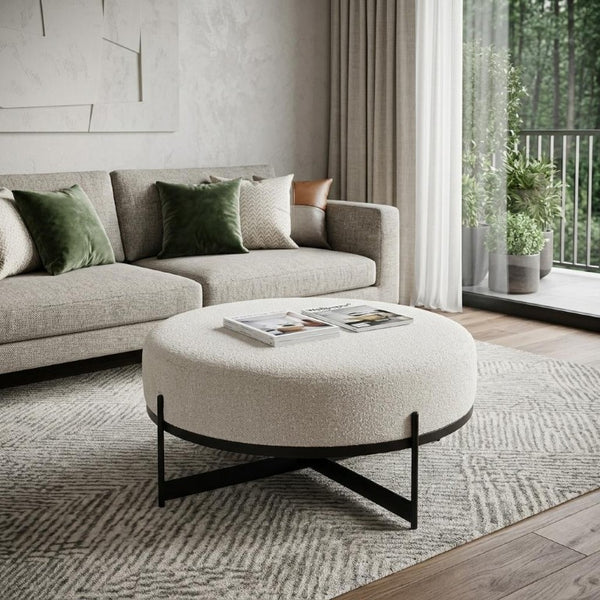 36 Inch Round Fabric Pouf Ottoman Neutral Two-tone Accent Seat for Living Areas