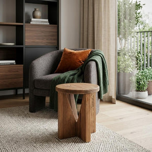 16 Inch Solid Wood Round Pouf Ottoman Natural Brown Accent Seat for Living Spaces