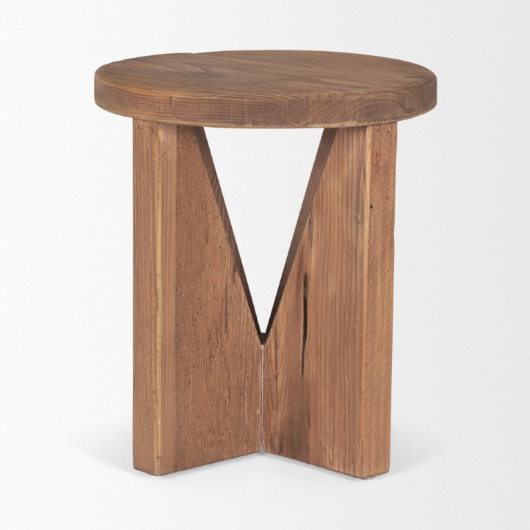 HomeRoots 16 Inch Solid Wood Round Pouf Ottoman Natural Brown Accent Seat for Living Spaces 730856
