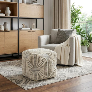 16 Inch Handwoven Cotton Wool Pouf Ottoman Neutral Geometric Pattern for Living Rooms