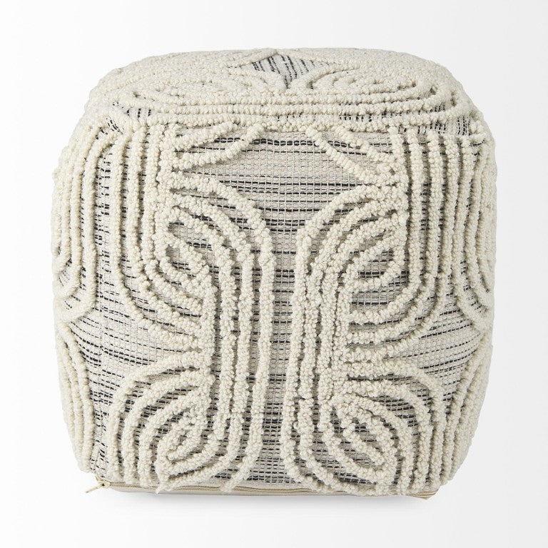 HomeRoots 16 Inch Handwoven Cotton Wool Pouf Ottoman Neutral Geometric Pattern for Living Rooms 730859
