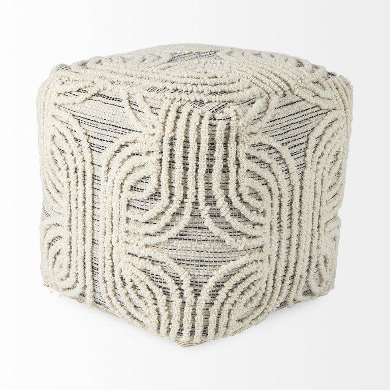 HomeRoots 16 Inch Handwoven Cotton Wool Pouf Ottoman Neutral Geometric Pattern for Living Rooms 730859