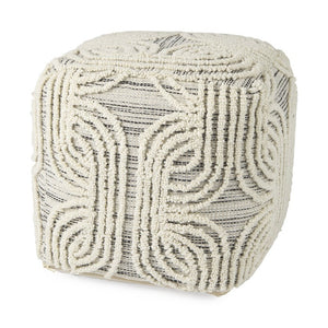16 Inch Handwoven Cotton Wool Pouf Ottoman Neutral Geometric Pattern for Living Rooms