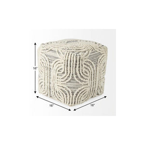 16 Inch Handwoven Cotton Wool Pouf Ottoman Neutral Geometric Pattern for Living Rooms