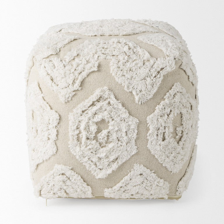 HomeRoots 16 Inch Cotton Woven Geometric Pouf Neutral Toned Cube Seat for Living Rooms 730860