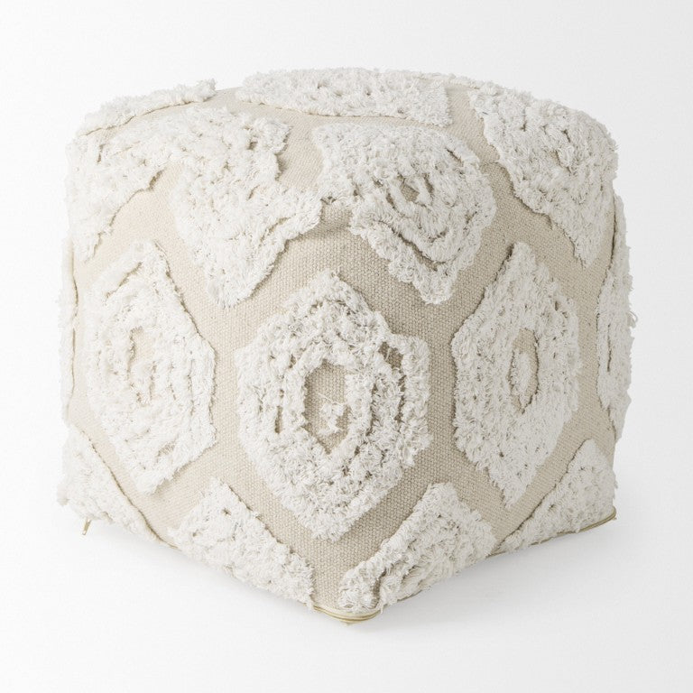 HomeRoots 16 Inch Cotton Woven Geometric Pouf Neutral Toned Cube Seat for Living Rooms 730860