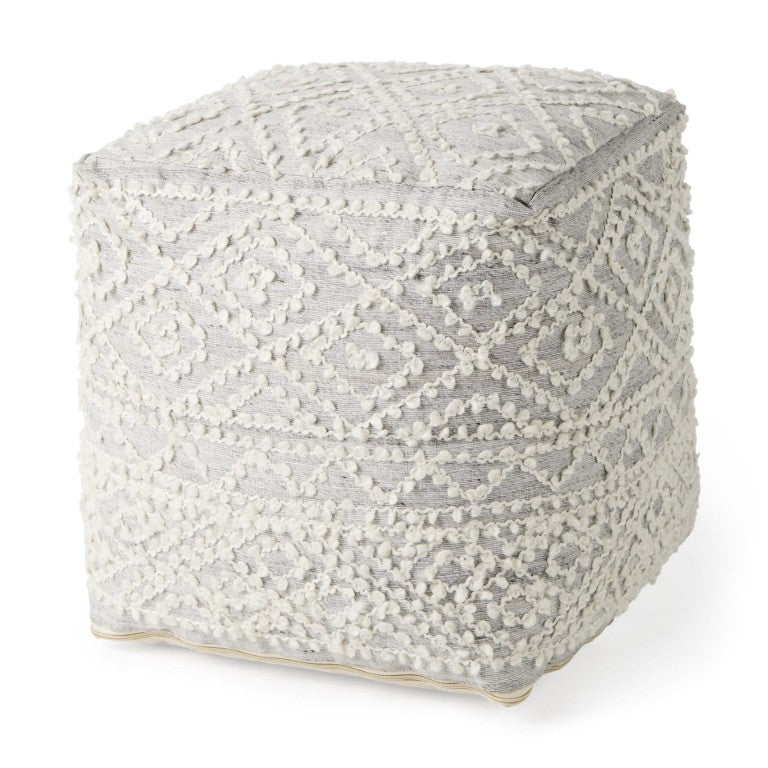 HomeRoots 16 Inch Wool Blend Geometric Knit Pouf Ottoman for Boho Living Room Decor 730861