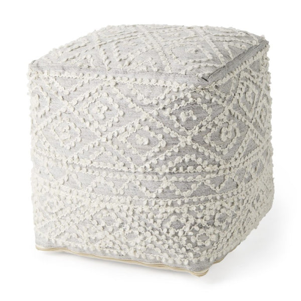 HomeRoots 16 Inch Wool Blend Geometric Knit Pouf Ottoman for Boho Living Room Decor 730861