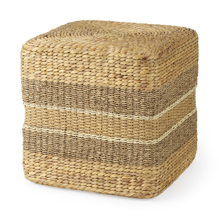 HomeRoots 18 Inch Round Striped Fabric Pouf Ottoman Bohemian Accent Seating for Any Room 730862