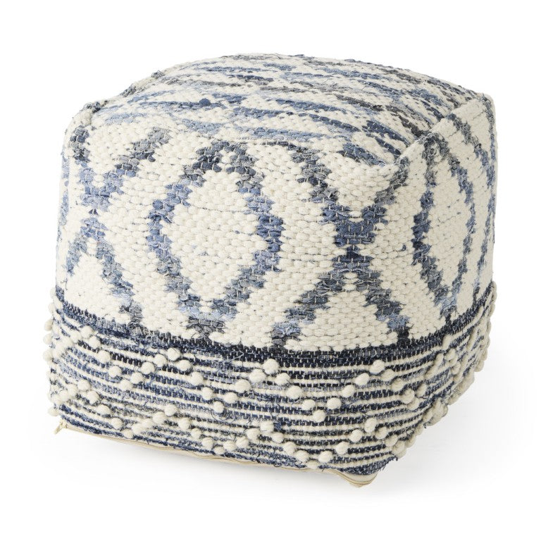 HomeRoots 16 Inch Round Pouf Ottoman Woven Cotton Denim Wool Geometric Pattern Accent Seat 730864