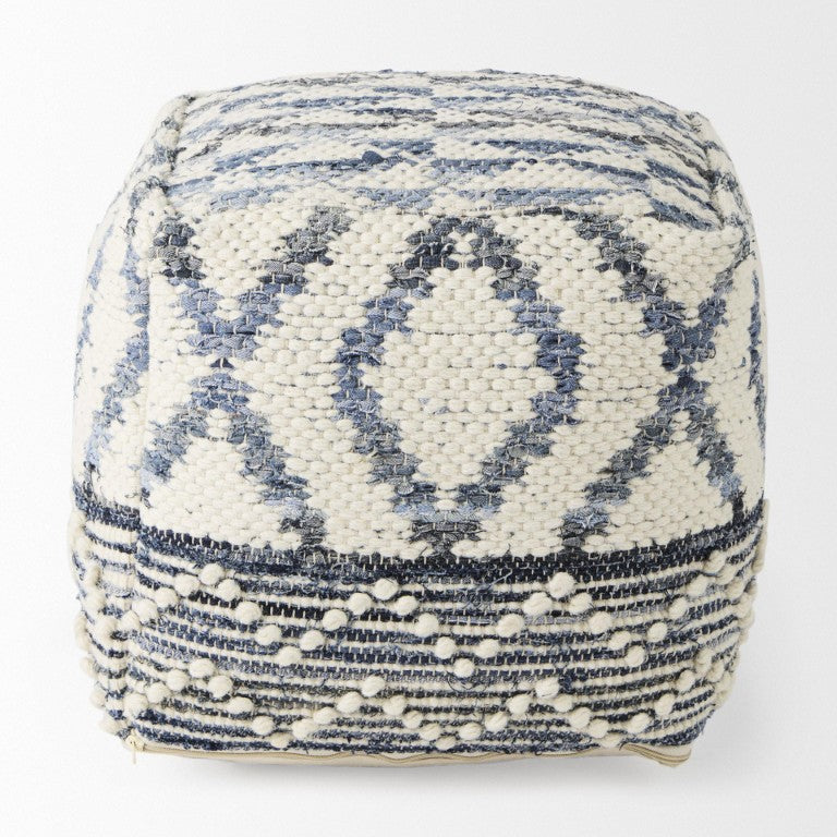 HomeRoots 16 Inch Round Pouf Ottoman Woven Cotton Denim Wool Geometric Pattern Accent Seat 730864